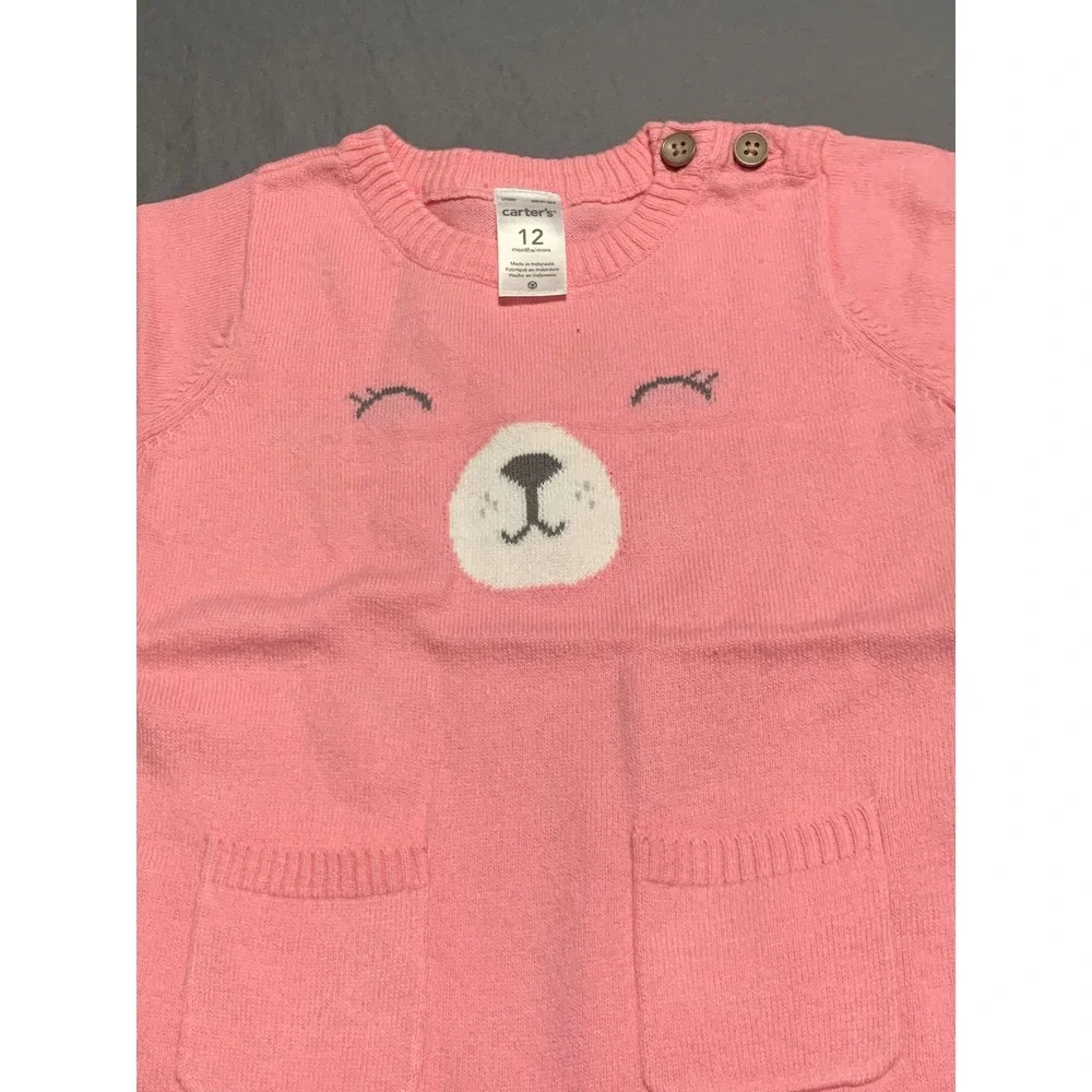 Carters Pink Knit Bear Sweater Jumpsuit‎ Romper One Piece 12M 127G567 NEW